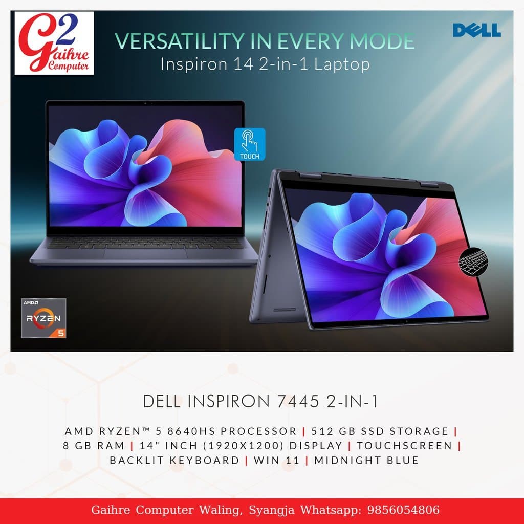 Dell Inspiron 7445 2-in-1 AMD Ryzen 5 8640HS Processor, 512GB SSD, 8GB RAM, 14" Win11, Midnight Blue