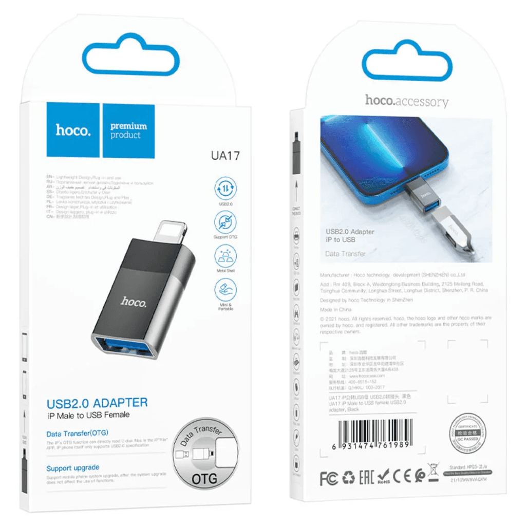 Hoco UA17 iPhone Lightning Male to USB 2.0 Female Adapter with Data Transfer Support